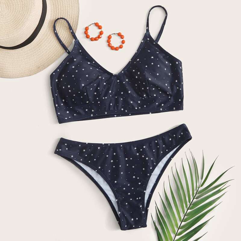 

Star Cami High Leg Bikini Swimsuit, Navy blue