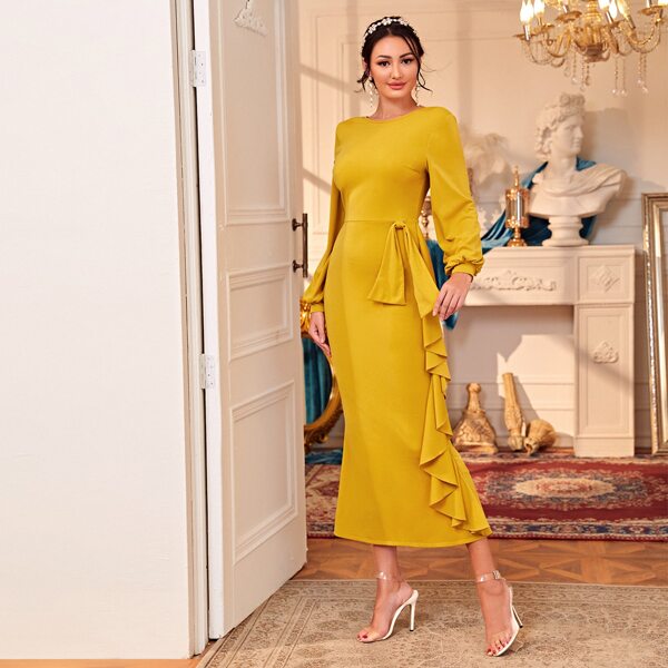 

V-back Bow Detail Ruffle Trim Lantern Sleeve Dress, Yellow