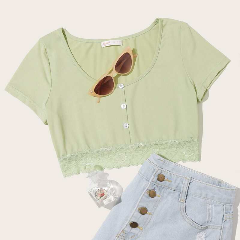 

Lace Hem Crop Green Tee