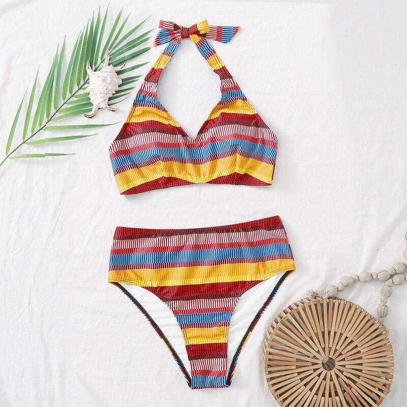 

Striped Halter High Waist Bikini Swimsuit, Multicolor