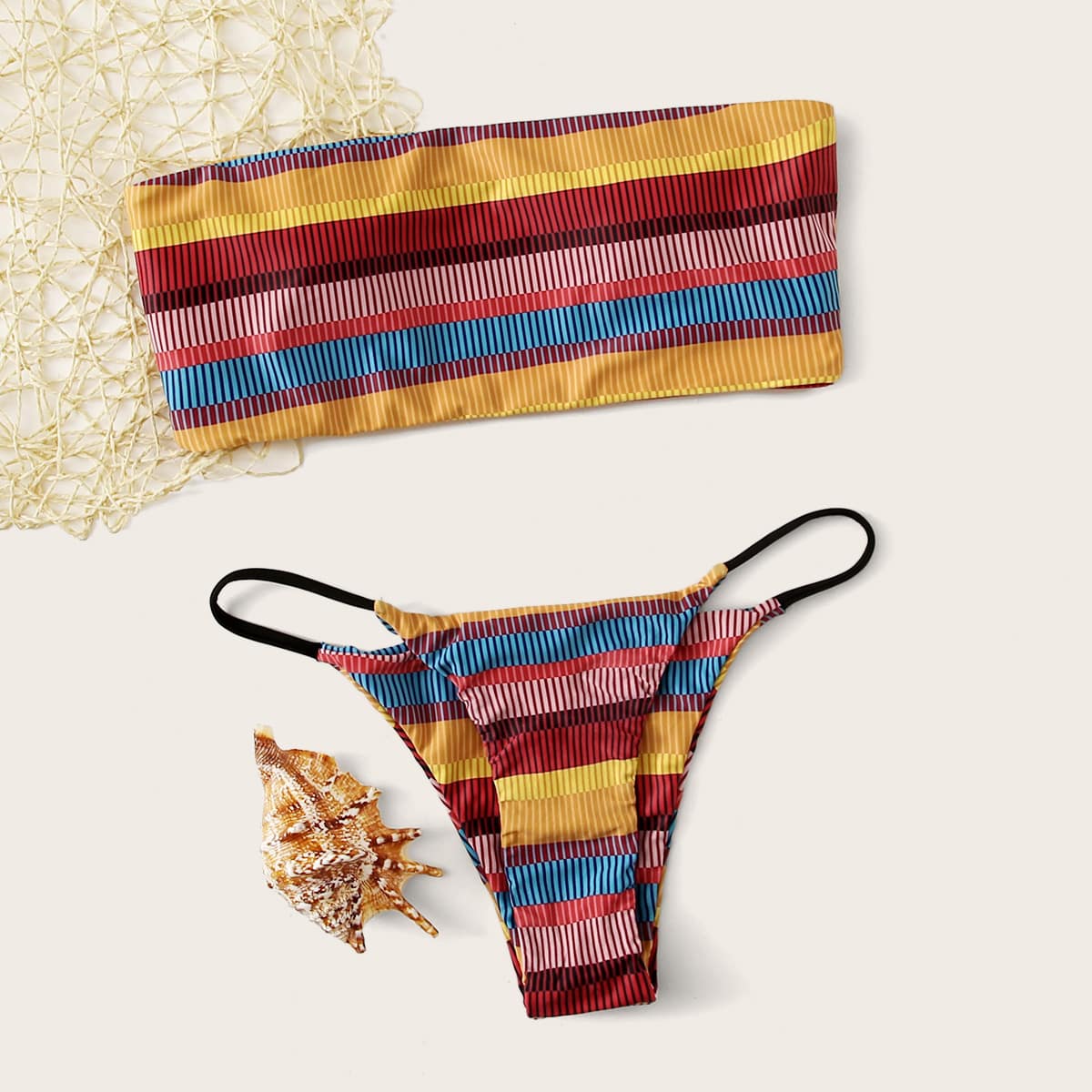 

Striped Bandeau Tanga Bikini Swimsuit, Multicolor