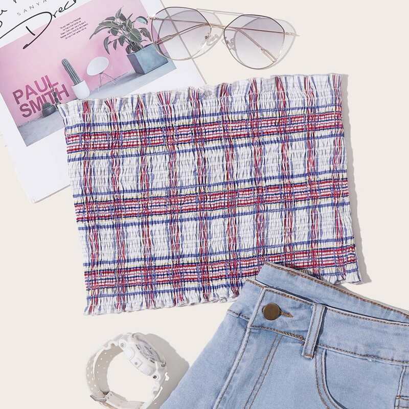 

Plaid Shirred Crop Tube Top, Multicolor