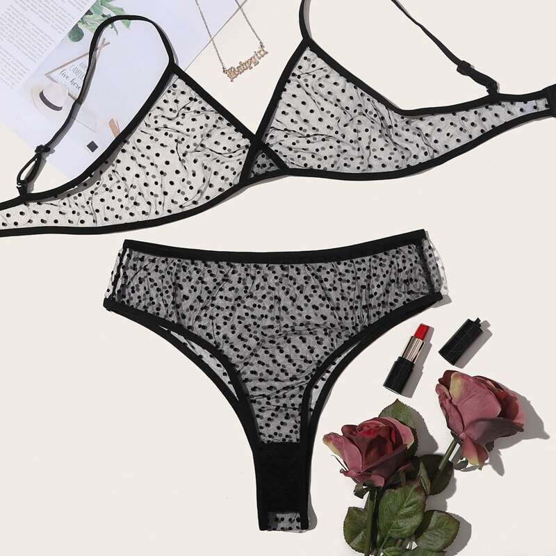 

Dobby Mesh Lingerie Set, Black