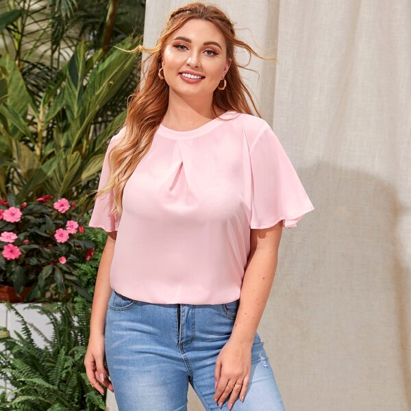 

Plus Fold Pleated Front Tie Back Flutter Sleeve Top, Pink pastel