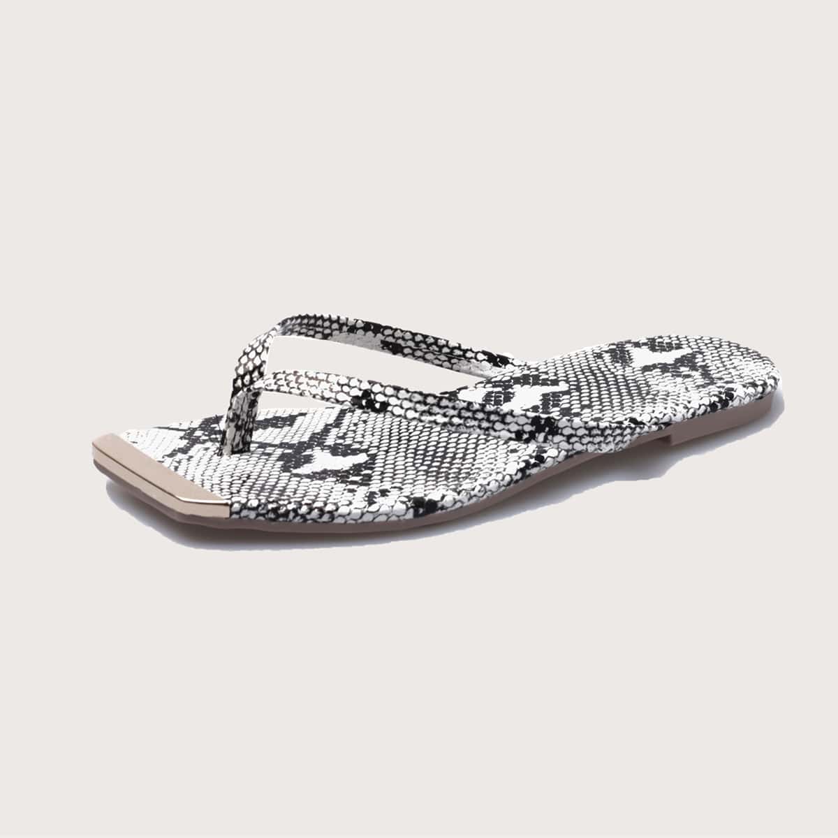 

Snakeskin Print Flip Flops, Black and white