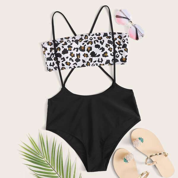 

Leopard Bandeau Suspender Bikini Swimsuit, Multicolor
