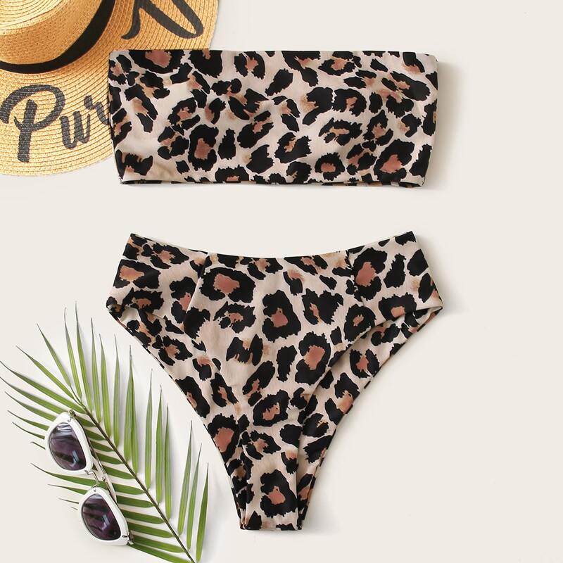 

Leopard Bandeau High Waisted Bikini Swimsuit, Brown