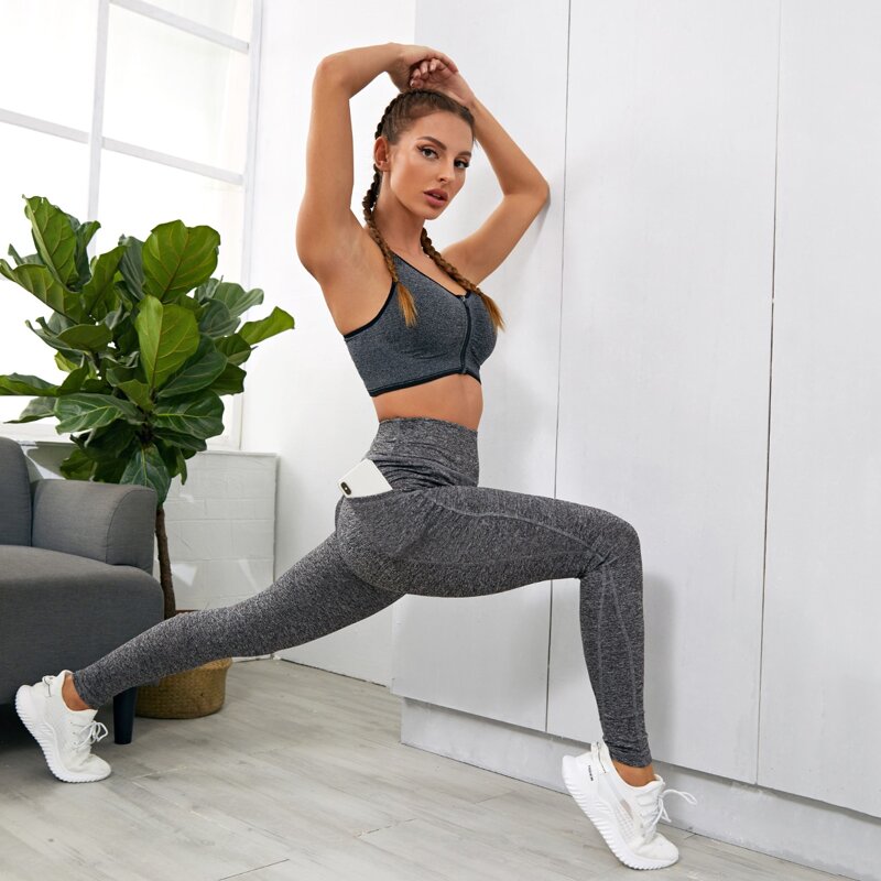 

Topstitching Wide Band Waist Sports Leggings With Phone Pocket, Grey