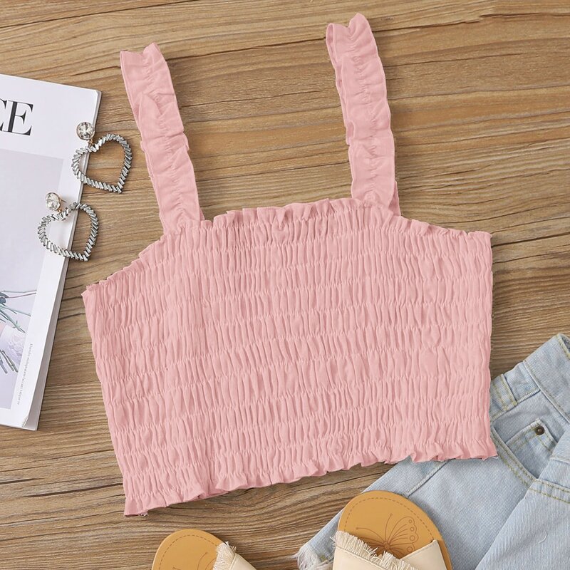 

Shirred Frill Straps Crop Top, Pink