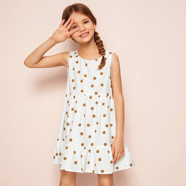 

Girls Circle Lace Polka Dot Smock Dress, White