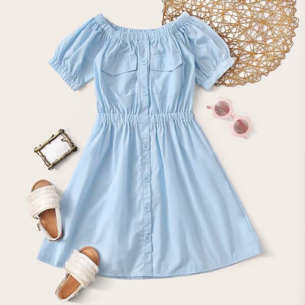 

Girls Button Front Flap Pocket A-line Dress, Blue