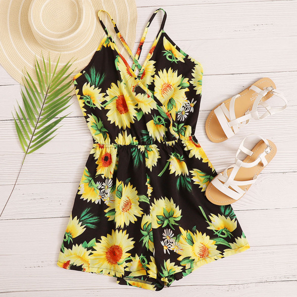 

Sunflower Print Open Back Cami Romper, Multicolor