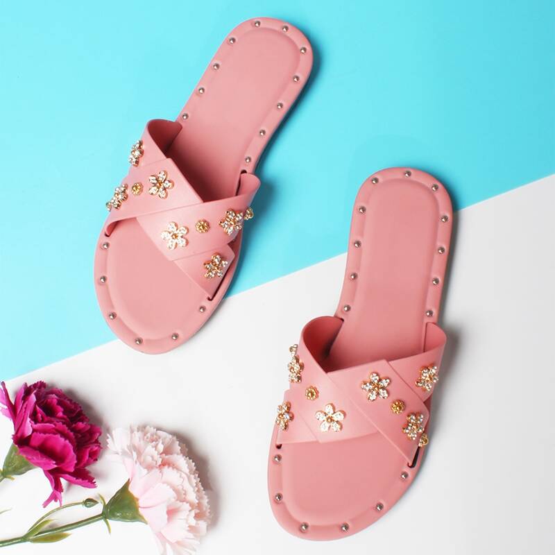 

Open Toe Rhinestone Decor Sliders, Pink