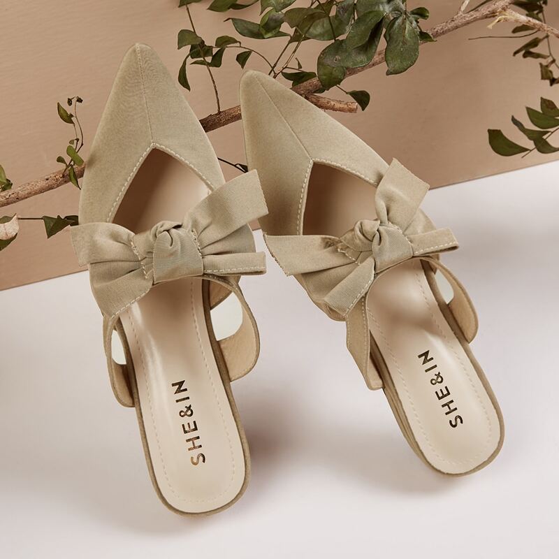 

Point Toe Bow Decor Flat Mules, Khaki