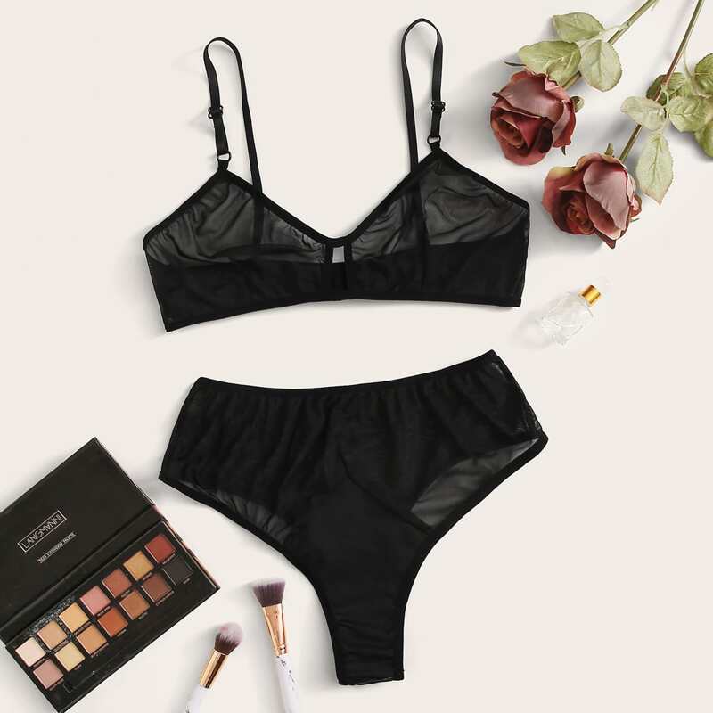 

Contrast Mesh Lingerie Set, Black
