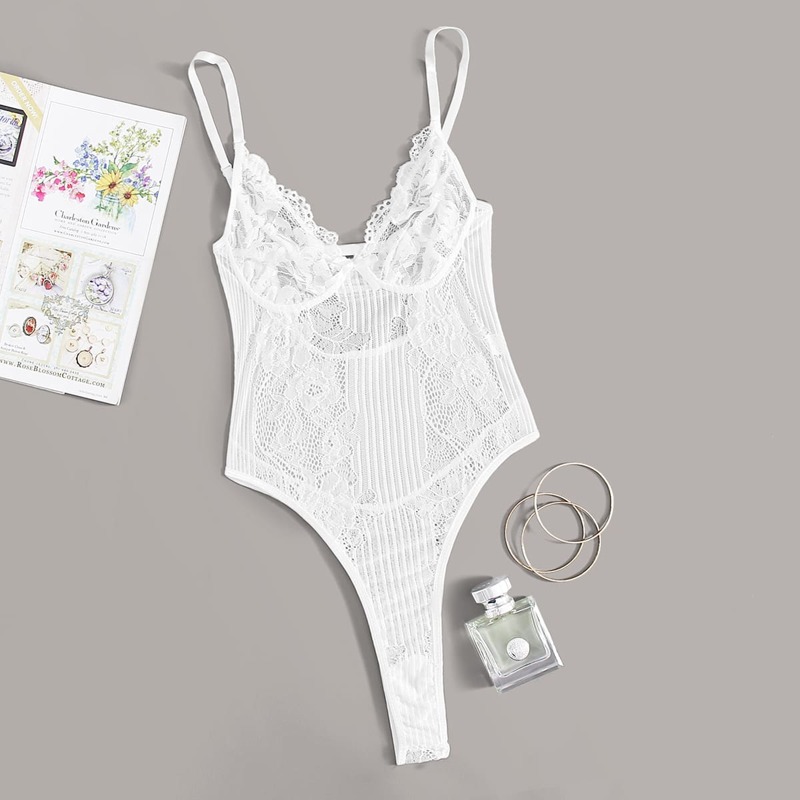 

Contrast Lace Teddy Bodysuit, White