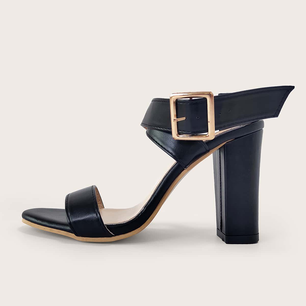

Open Toe Buckle Decor Chunky Heels, Black