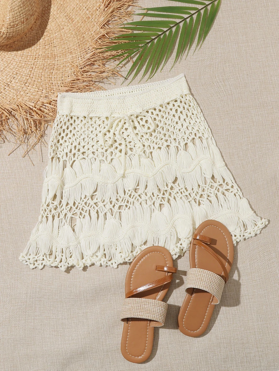 Swim Mod Summer Beach Tie Waist Crochet Cover Up Skirt
