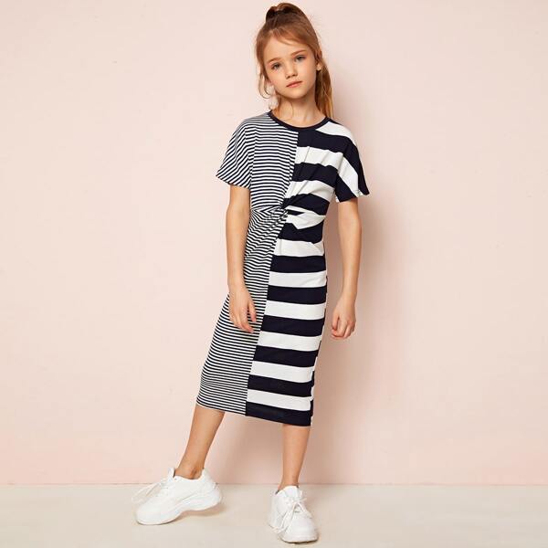 

Girls Twist Front Striped Dress, Navy blue