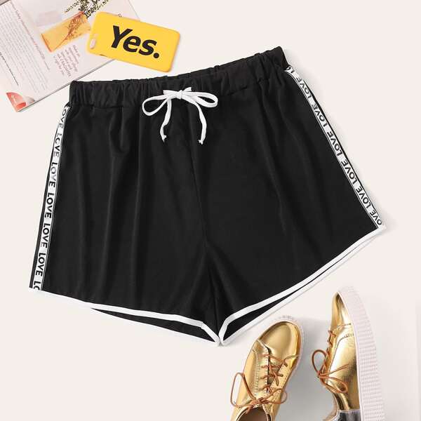 

Plus Letter Tape Drawstring Waist Track Shorts, Black
