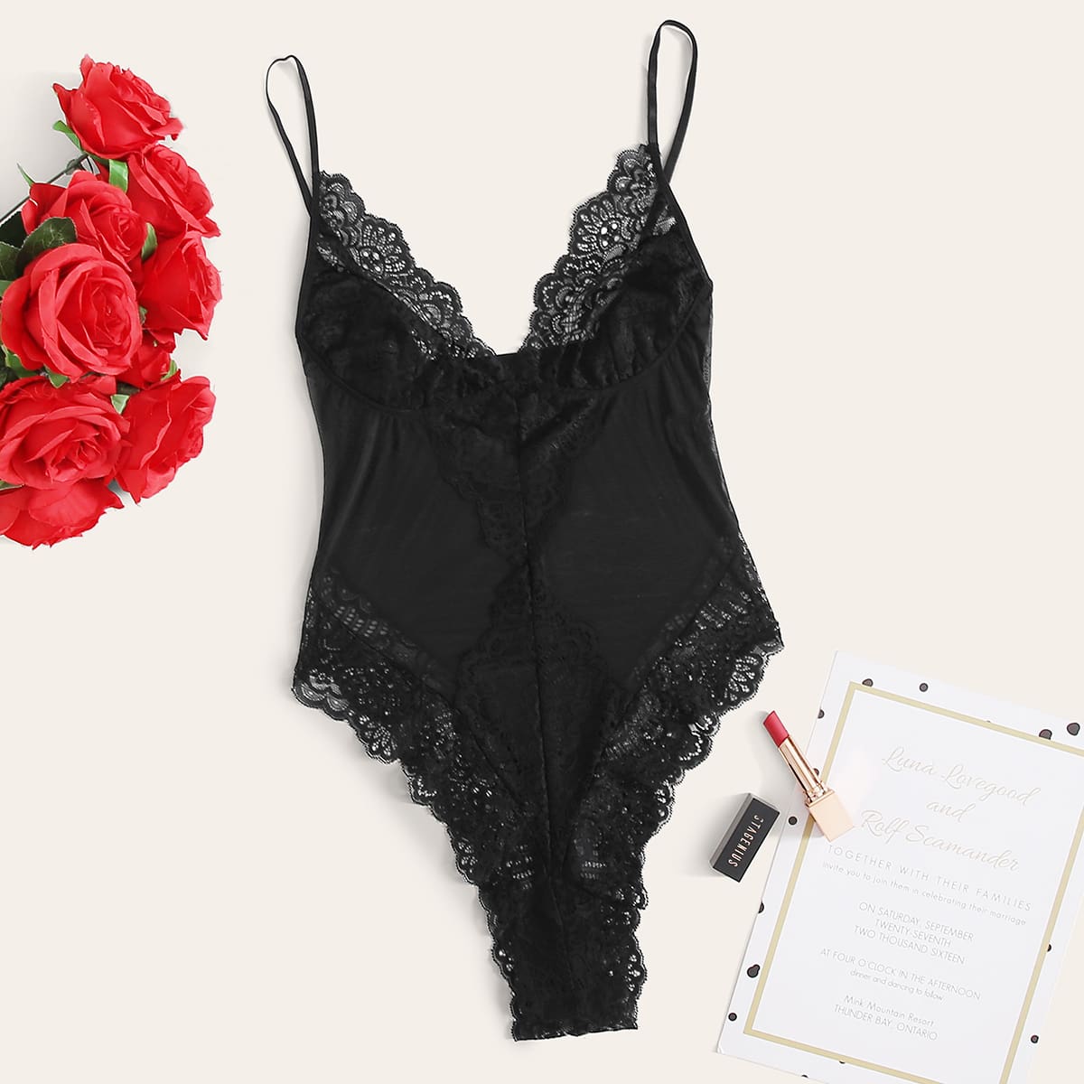

Contrast Lace Mesh Teddy Bodysuit, Black