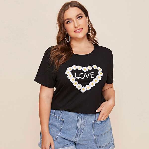 

Plus Daisy Embroidery Letter Graphic Tee, Black