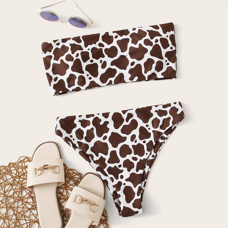 

Cow Pattern Bandeau Bikini Swimsuit, Brown