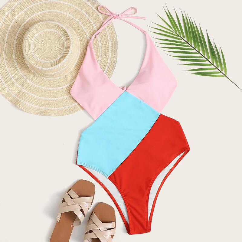 

Colorblock Halter One Piece Swimsuit, Multicolor