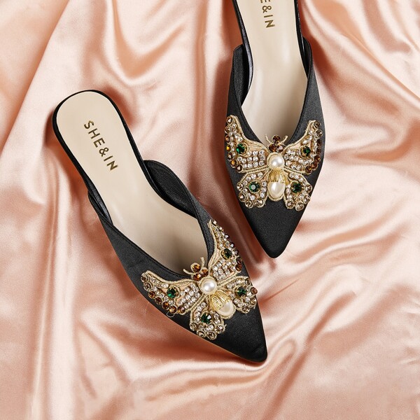 

Rhinestone Decor Flat Mules, Black