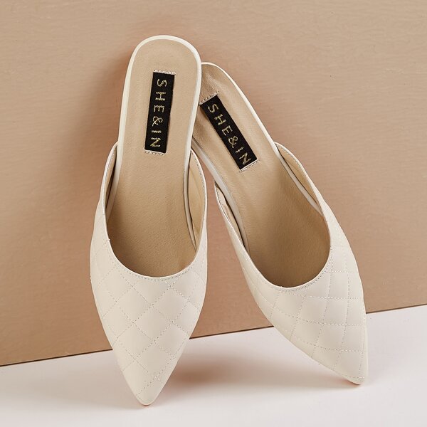 

Point Toe Quilted Flat Mules, Beige
