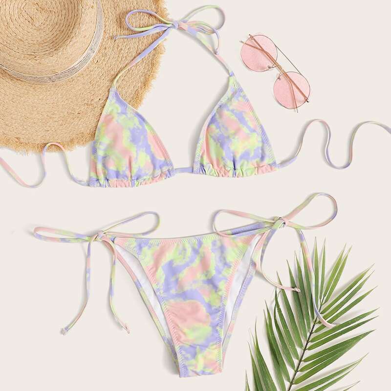 

Tie Dye Triangle Tie Side Bikini Swimsuit, Multicolor