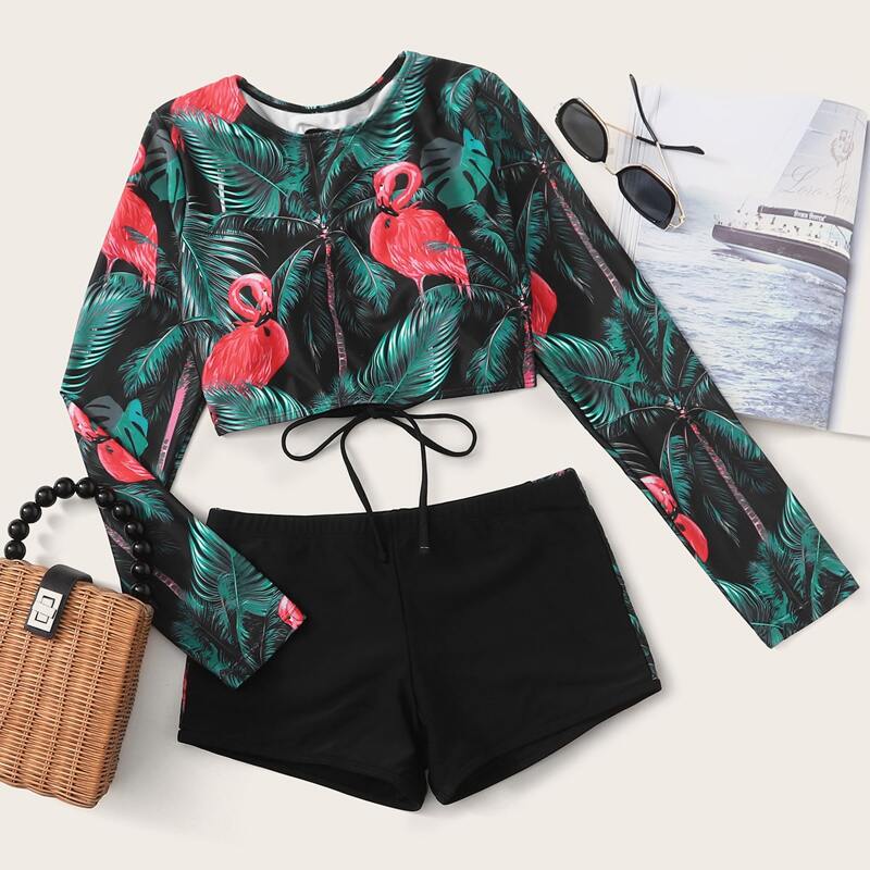 

Tropical & Flamingo Print Shorts Surf Swimsuit, Multicolor