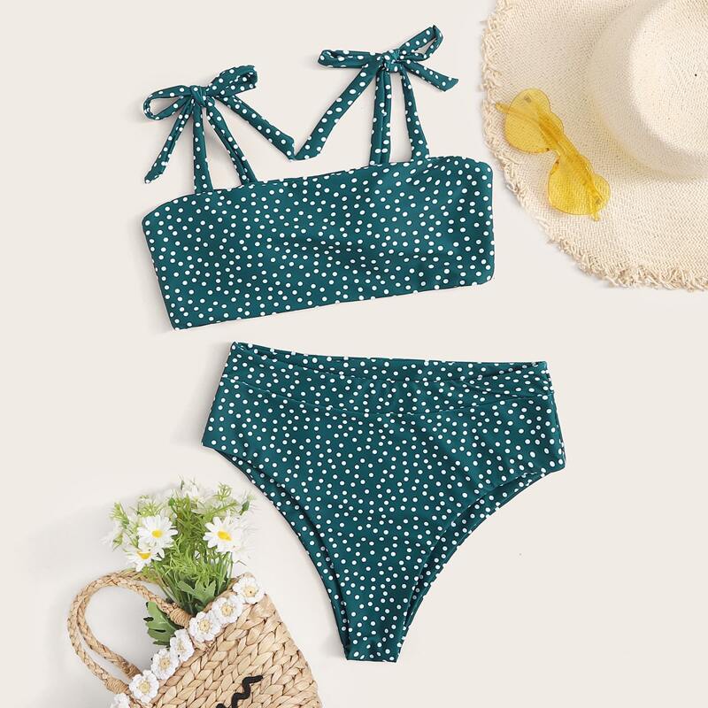 

Polka Dot Tie Shoulder Bikini Swimsuit, Blue
