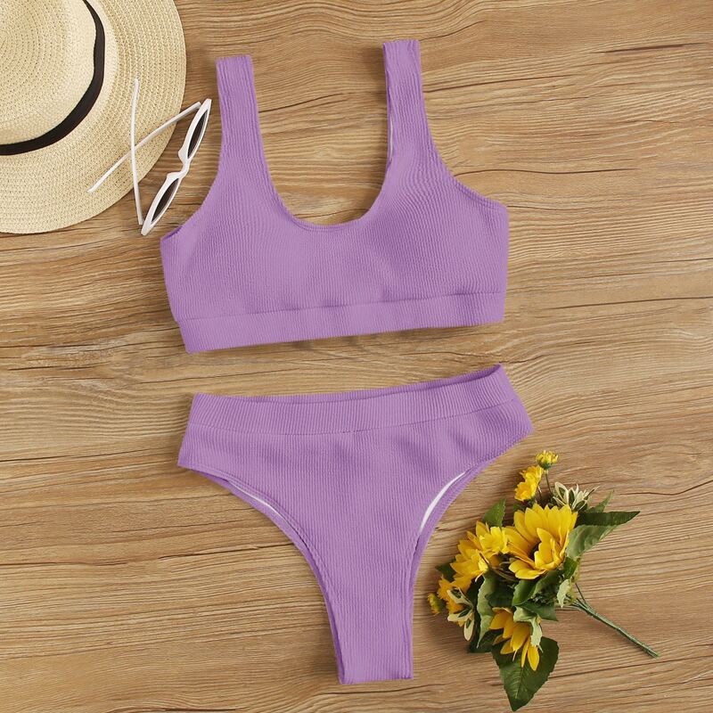 

Rib High Waisted Bikini Swimsuit, Purple