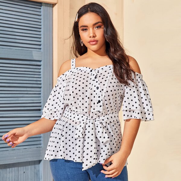 

Plus Polka Dot Cold Shoulder Belted Blouse, Black and white
