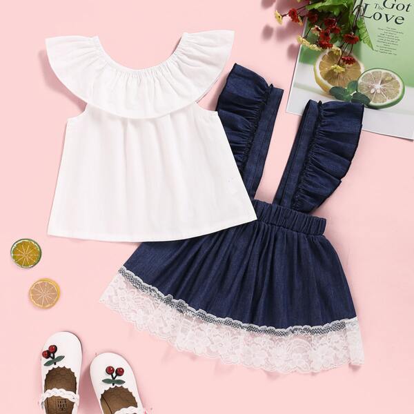 

Baby Girls Solid Ruffle Top & Contrast Lace Ruffle Strap Skirt, Multicolor