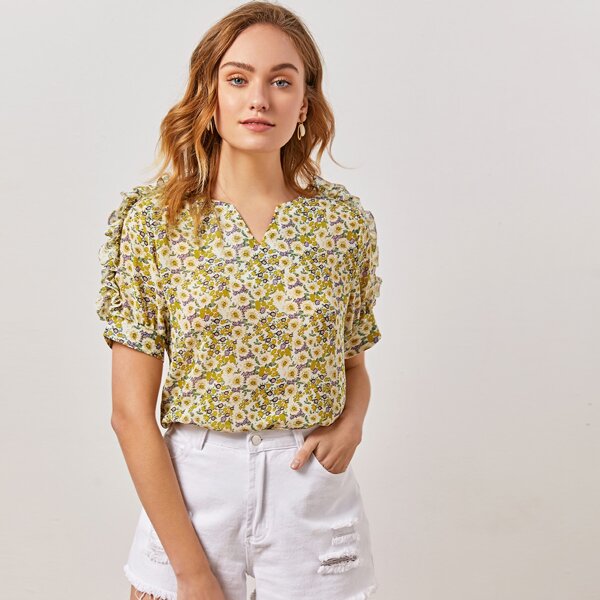 

Ditsy Floral Ruffle Trim Chiffon Blouse, Multicolor