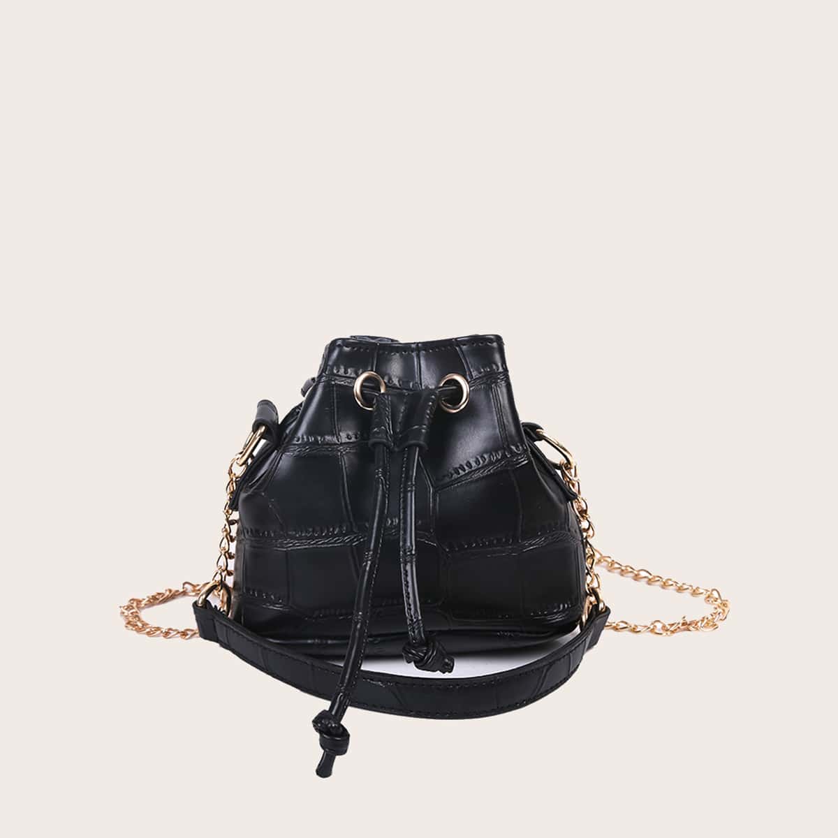 

Mini Croc Embossed Drawstring Bucket Bag, Black