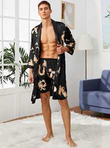 Men Satin Tribal Print Robe Set - Black - View 1