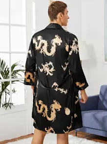 Men Satin Tribal Print Robe Set - Black - View 2