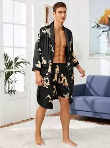 Men Satin Tribal Print Robe Set - Black - View 4