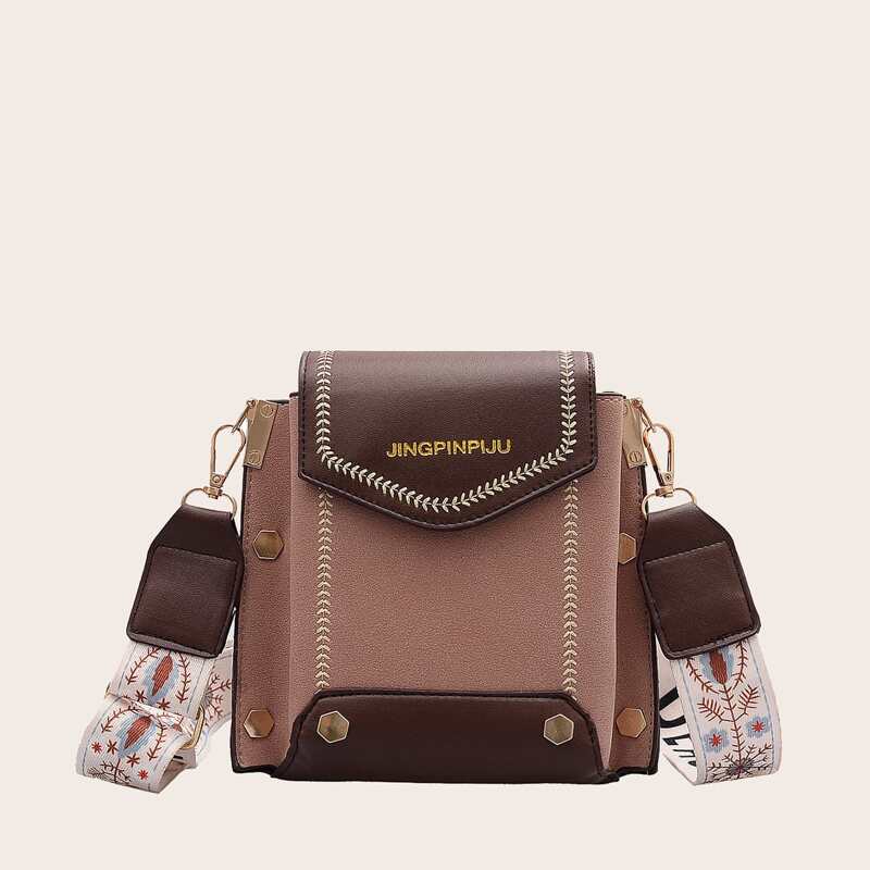 

Embroidered Detail Flap Crossbody Bag, Pink