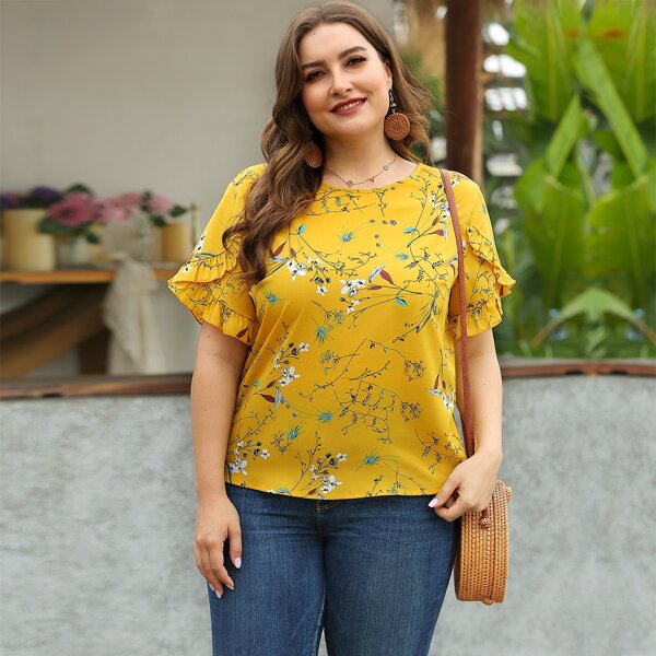 

Plus Plants Print Ruffle Trim Blouse, Yellow