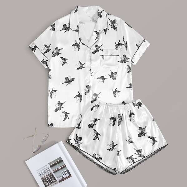 

Butterfly Print Contrast Binding Satin Pajama Set, White