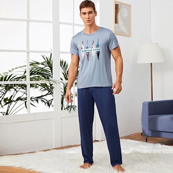 

Men Feather And Letter Graphic Pajama Set, Blue