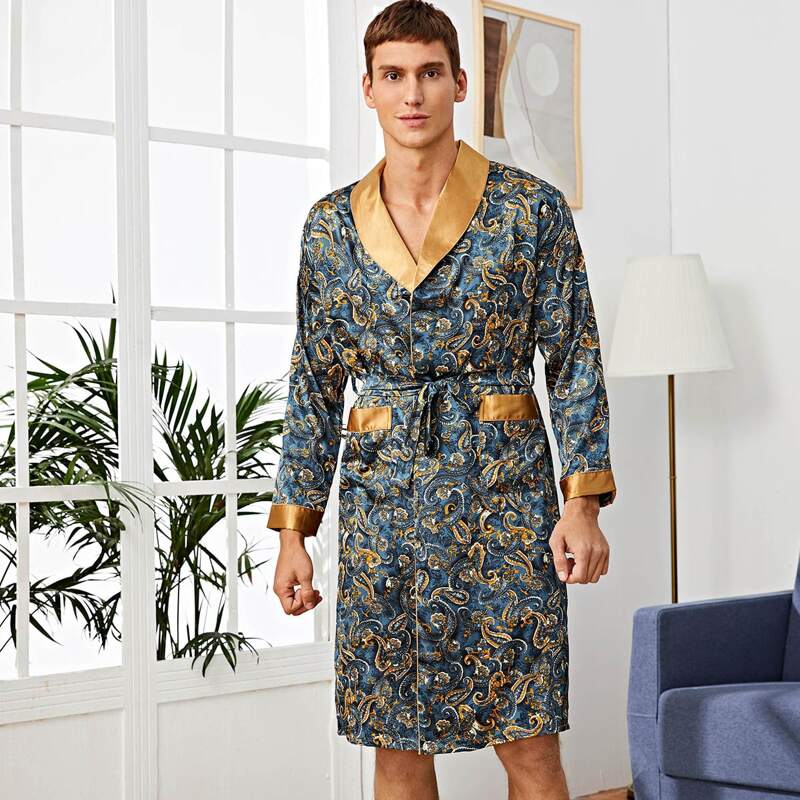 

Guys Paisley Print Contrast Panel Belted Satin Night Robe, Multicolor
