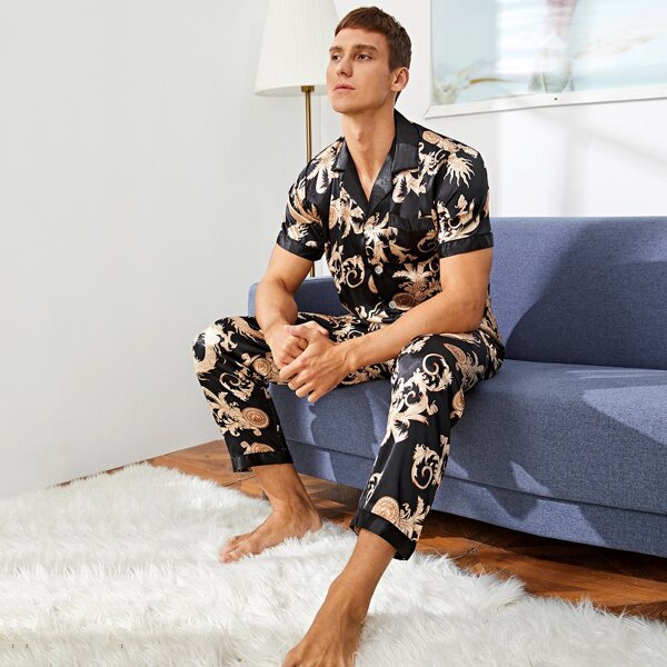

Men Dragon & Phoenix Print Satin PJ Set, Black