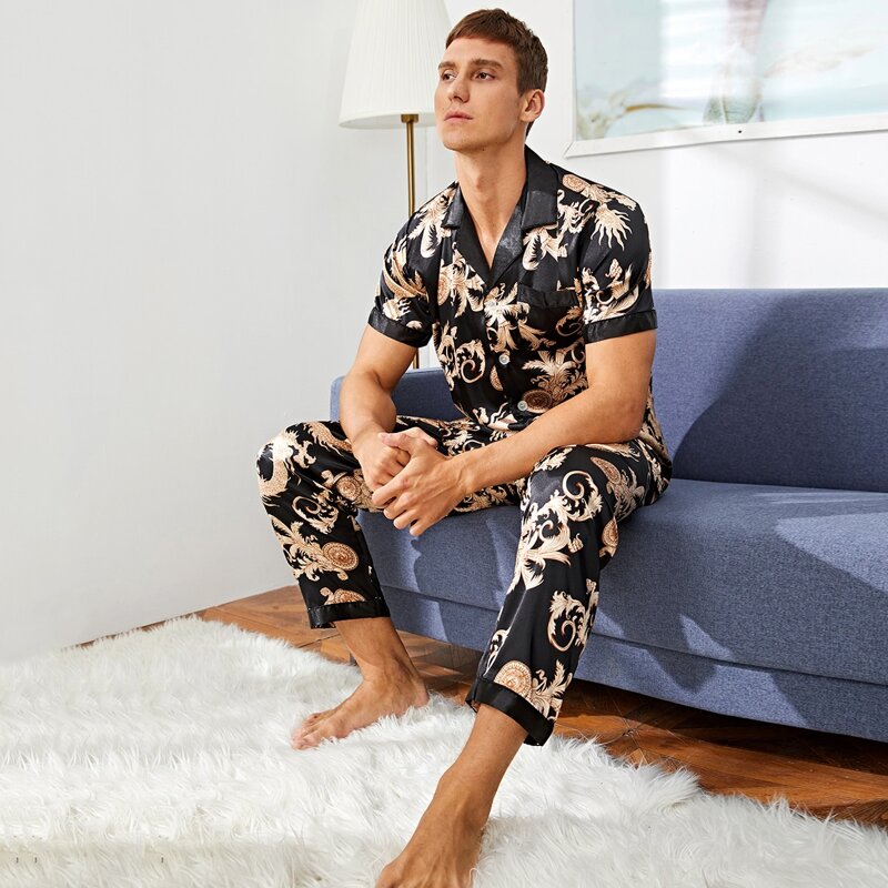 

Guys Dragon & Phoenix Print Satin PJ Set, Black