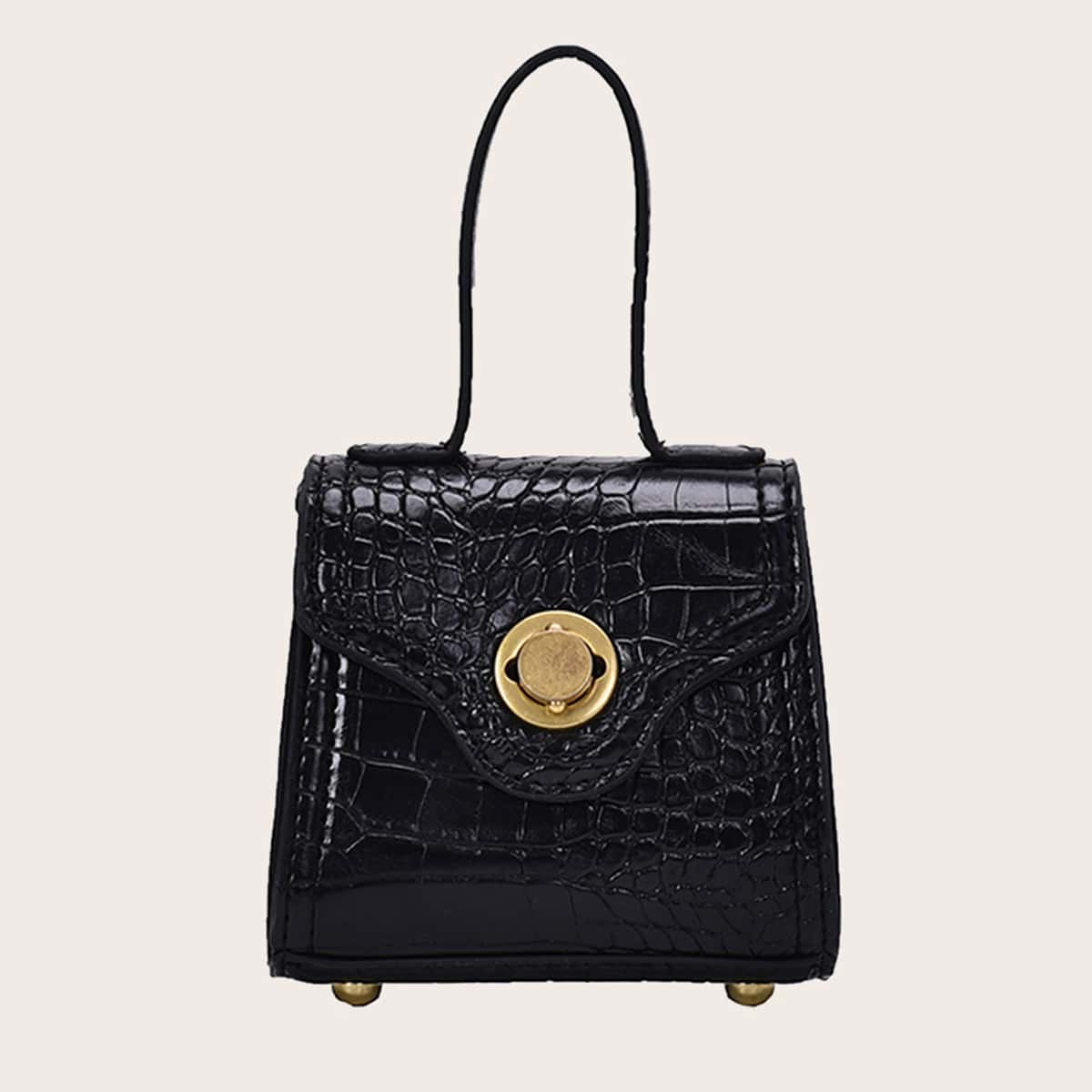 

Croc Embossed Flap Satchel Bag, Black