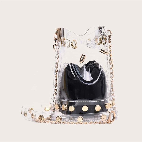 

Mini Clear Chain Bag With Inner Pouch, Black